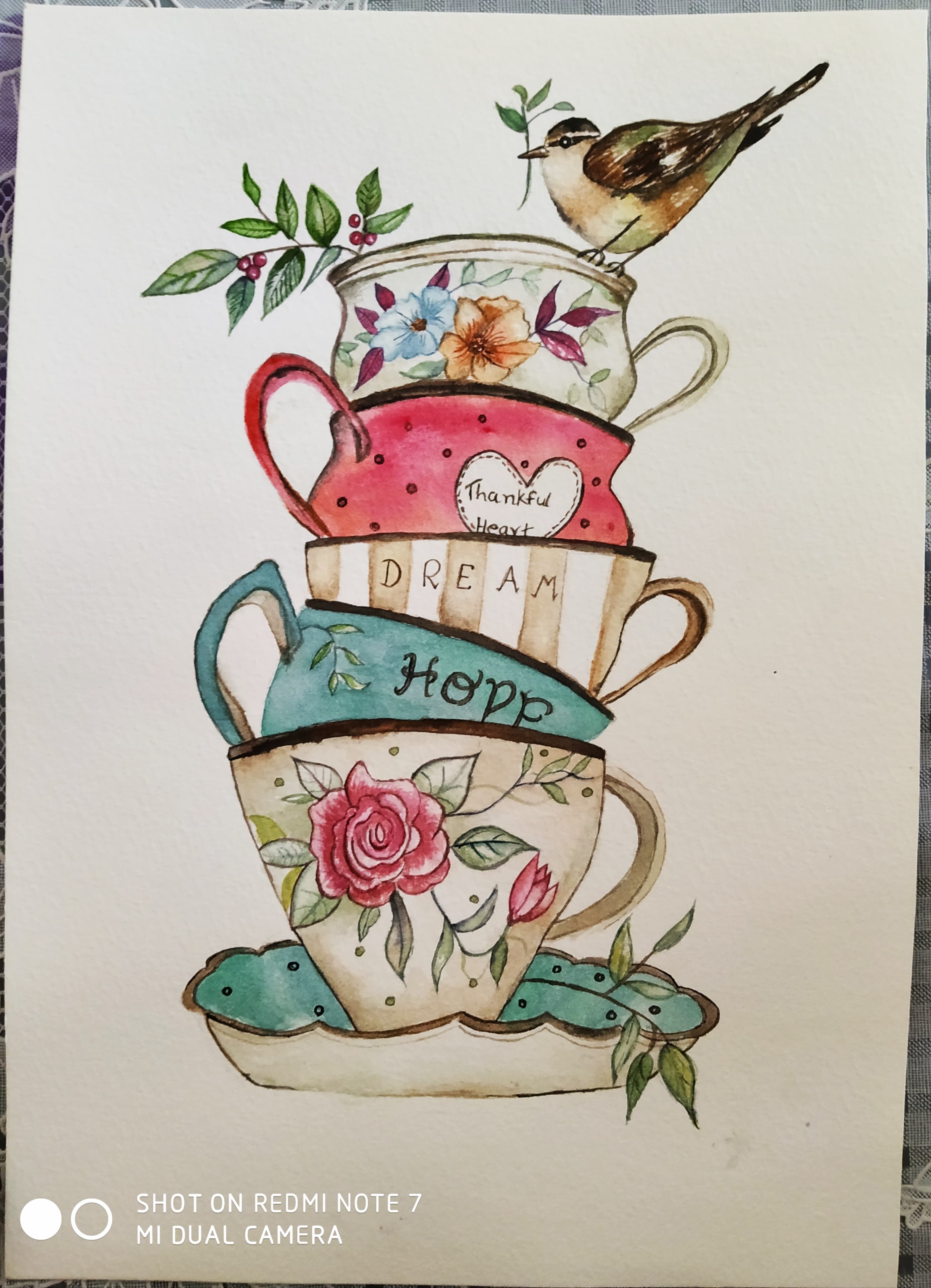 Stacked Teacups with Sparrow